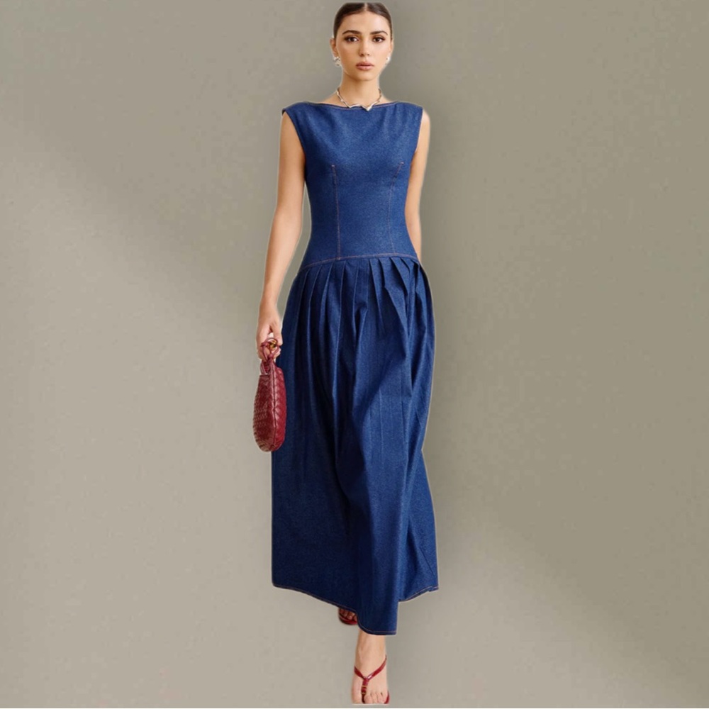 NWT Commense Faux Denim Sleeveless Pleated Maxi Dress XS - M SOLD OUT